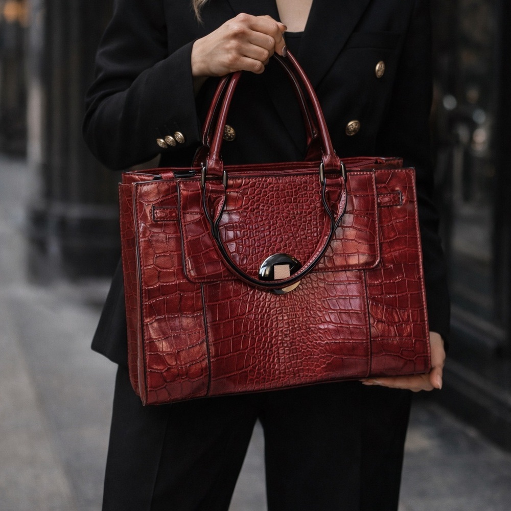 Cleo Red Croc Embossed Structured Satchel Handbag | Top Zip | Top Handle Purse